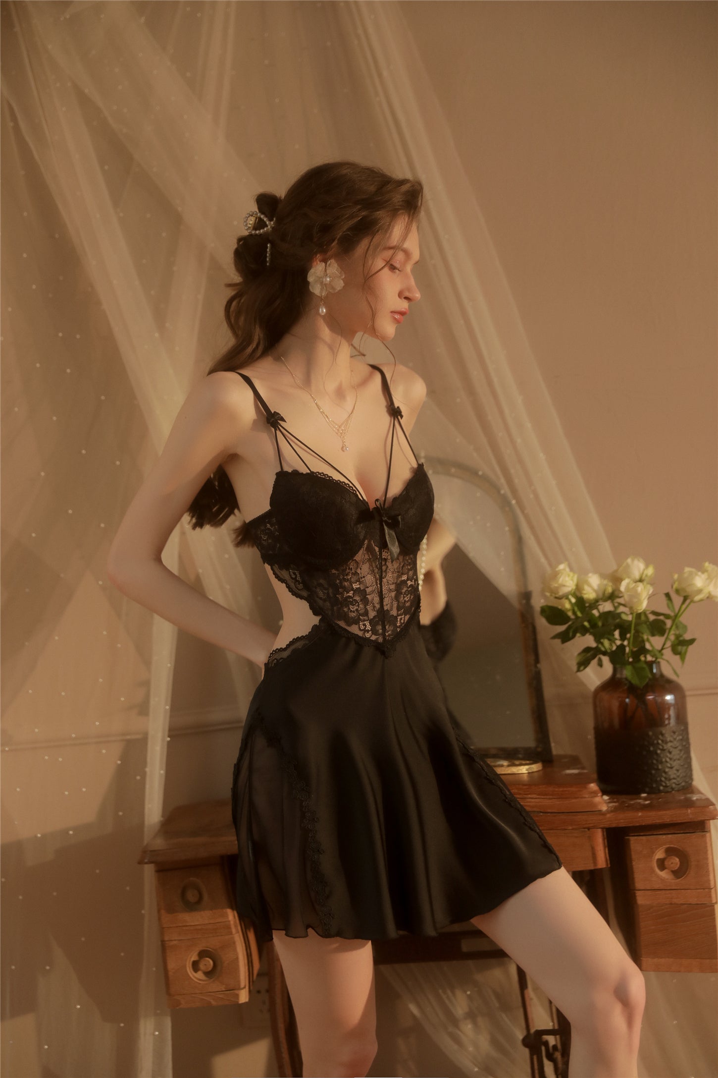 Elegance in Lace: Luxurious Satin Nightgown with Delicate Embroidery