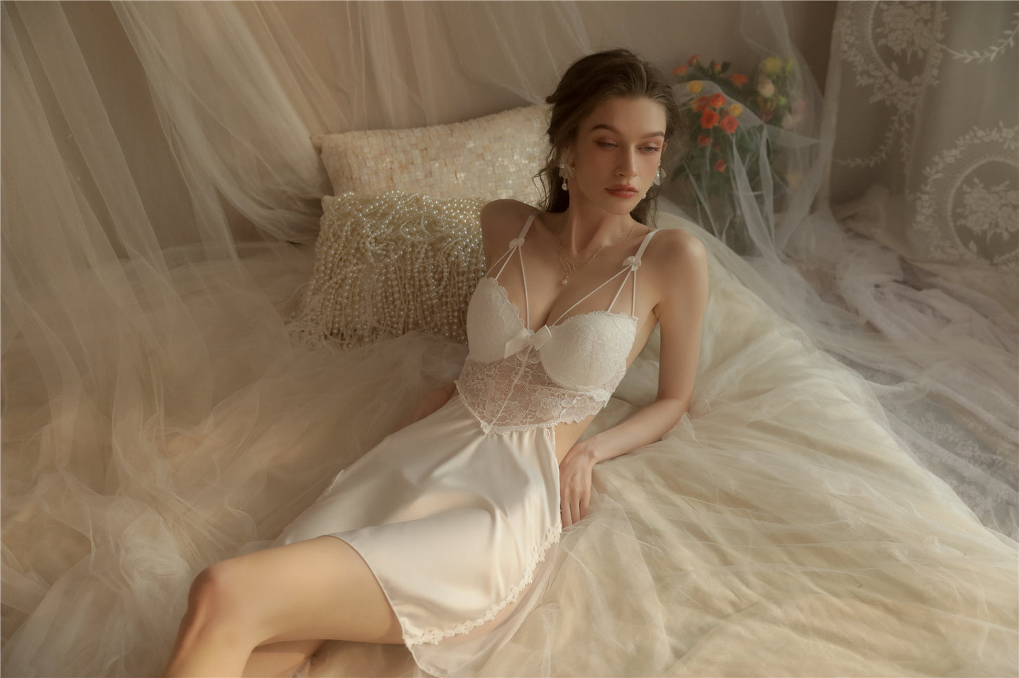 Elegance in Lace: Luxurious Satin Nightgown with Delicate Embroidery