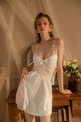 Elegance in Lace: Luxurious Satin Nightgown with Delicate Embroidery