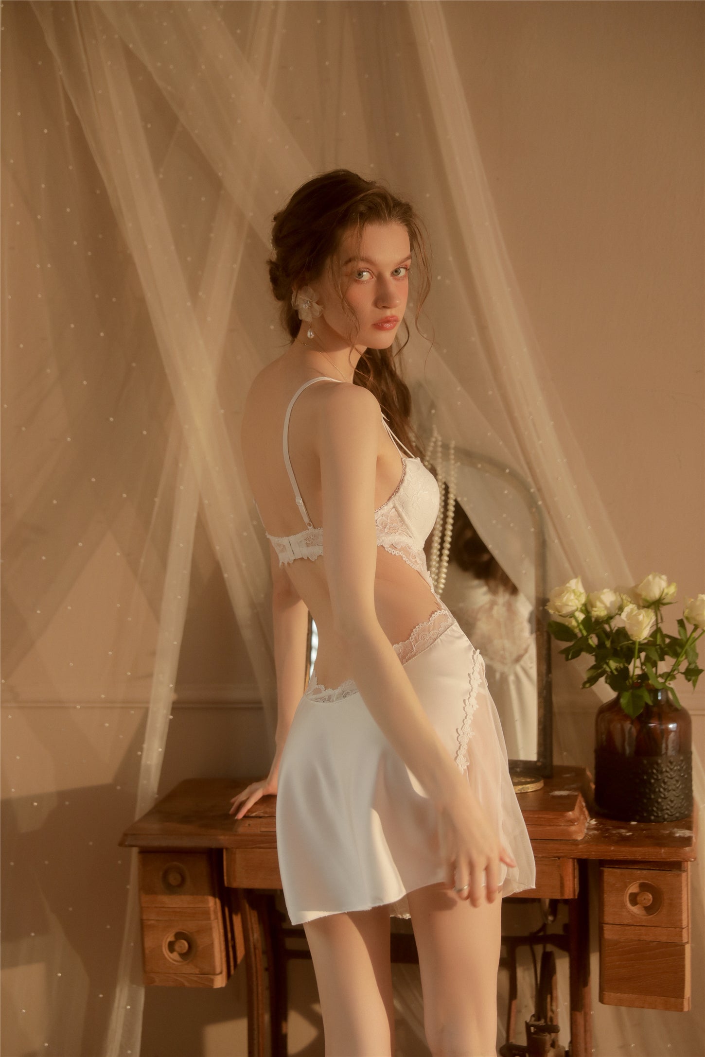 Elegance in Lace: Luxurious Satin Nightgown with Delicate Embroidery